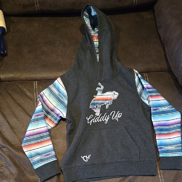 Giddy Up Graphic Hoodie with Striped Sleeves - Picture 1 of 3